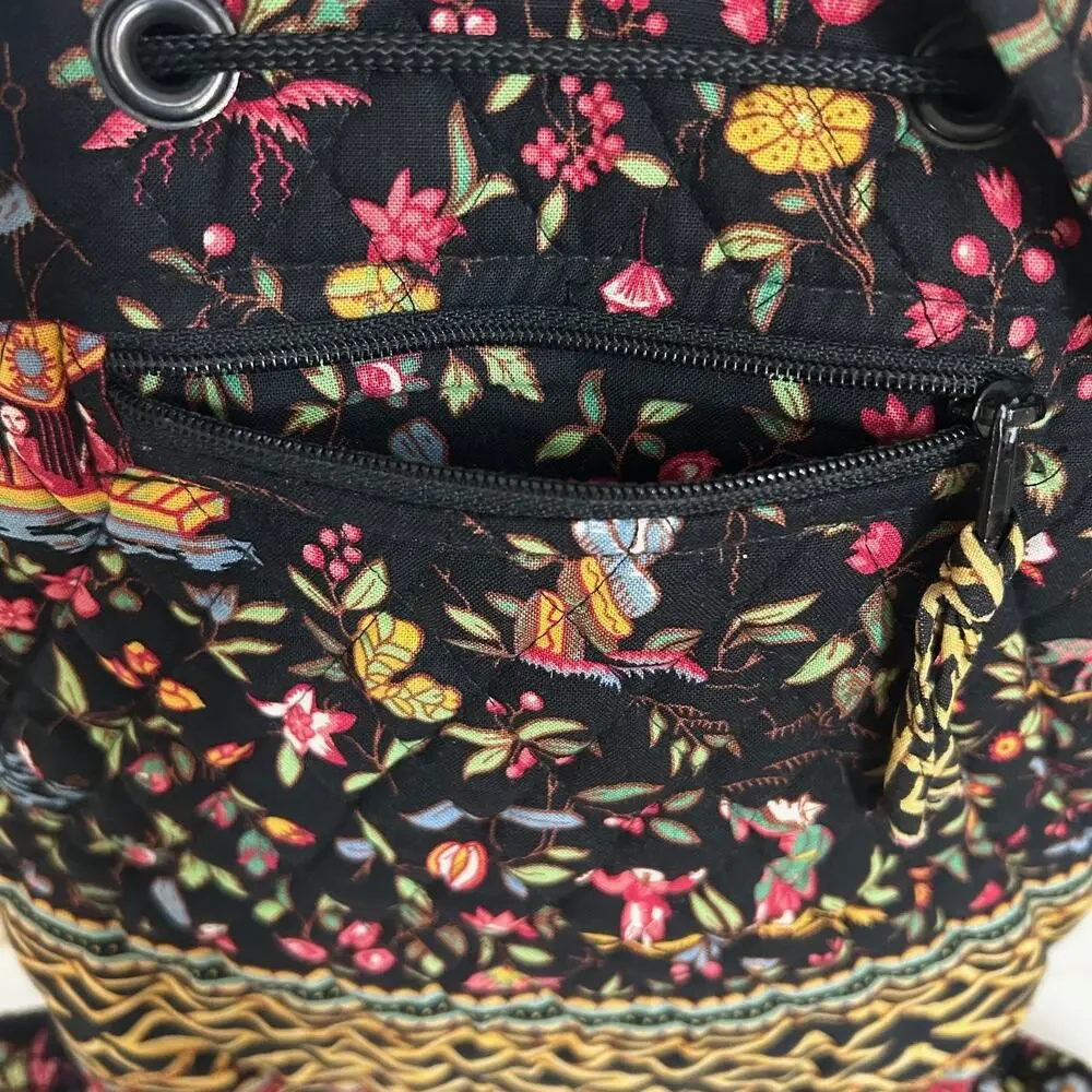 Vera Bradley Black Floral Cotton Backpack Medium Drawstring School Travel